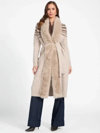 Cardigan long Akilah à bordure en fausse fourrure