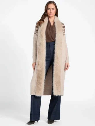 Cardigan long Akilah à bordure en fausse fourrure