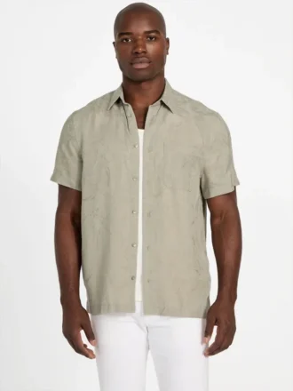 Chemise à poches en jacquard écologique motif feuillage