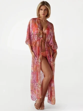 Kimono long en mélange de soie