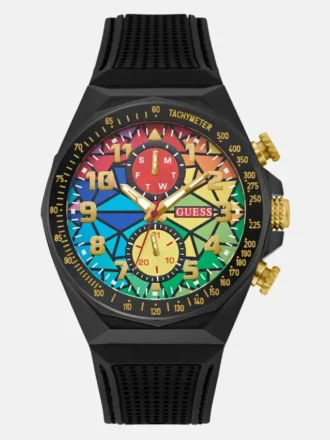 Montres chronographes en silicone noir et mosaïque arc-en-ciel