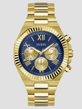 Montres multifonction dorées et bleues à lunette striée