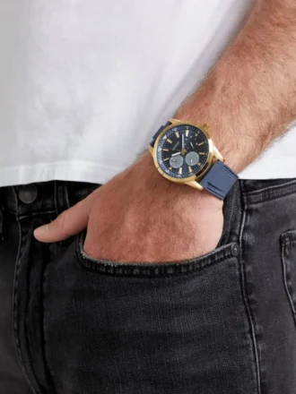 Montres multifonction en silicone bleu et doré