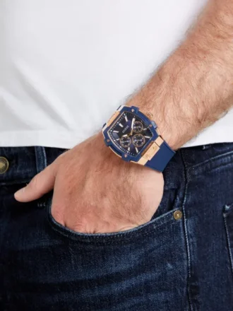 Montres multifonction en silicone bleu et ton or rose