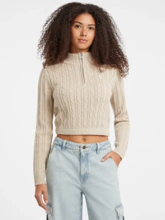 Pull court à demi-zip en maille torsadée